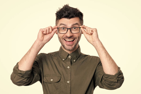 amazed employee in glasses. adult employee man wear shirt. portrait of man employee isolated on white background. employee man portrait in studio.