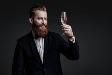 Kutlama ve tezahürat. Şık smokinli adam siyah üzerine izole edilmiş şampanya bardağı tutuyor. Başarıyı kutluyoruz. - Şerefe. Resmi görünüşlü sakallı adam. Şampanyayla kutlayın. Boşluğu kopyala.