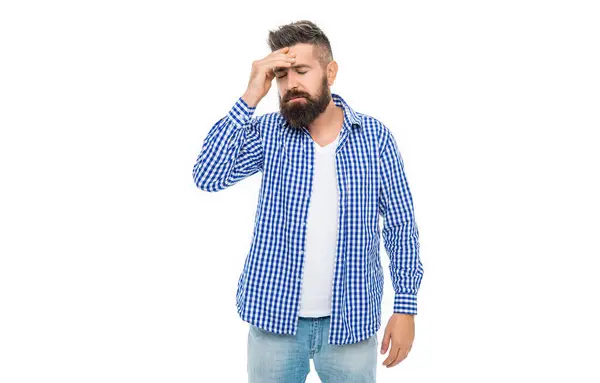 stock image Man with headache and stress. Guy tired with pain. Caucasian man feeling migraine isolated on white. Headache and migraine. Bearded man suffer from headache. Having a problem.