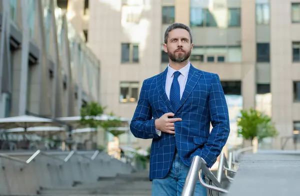 stock image Business success man outdoor. Businessman after business successful meeting in city. Business success of businessman. Businessman in formal suit. Rich man in suit. Financial district. Businessperson.