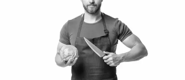 stock image cropped view of man in apron hold cabbage and knife isolated on white.