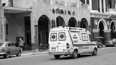 Havana, Cuba - May 02, 2019: emergency ambulance car in old havana.