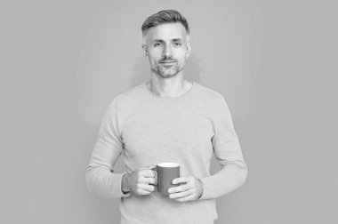 smiling mature man at coffee break at studio. mature man at coffee break on background. photo of mature man at coffee break. mature man at coffee break isolated on blue.