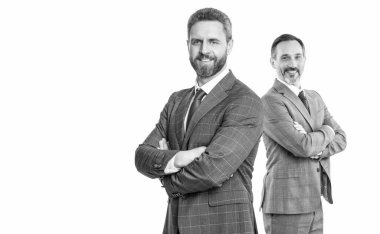 photo of happy businessmen colleagues wear suit. businessmen colleagues in formalwear, copy space. businessmen colleagues isolated on white background. businessmen colleagues.