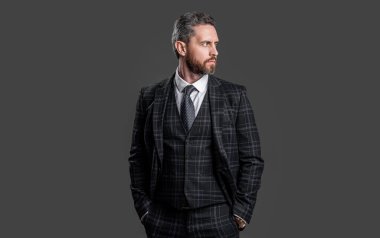 Gri arka planda resmi giyimde profesyonel CEO 'lar izole edildi. Stüdyoda resmi kıyafet giyen bir CEO. CEO 'nun resmi kıyafet giydiği fotoğraf. Formalite icabı giyinmiş CEO..