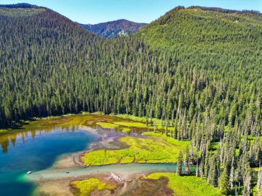 Washington 'daki Cooper Gölü. Cooper Gölü 'nün popüler doğa yürüyüşü. Cooper gölü ve dağ manzarası. Cooper Gölü 'nün dağ ve orman manzarası. Doğa manzarası. Büyüleyici bir ortam.