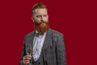 Kutlama ve tezahürat. Şık smokinli adam kırmızı üzerine izole edilmiş şampanya bardağı tutuyor. Başarıyı kutluyoruz. - Şerefe. Resmi görünüşlü sakallı adam. Şampanyayla kutlayın. Pankart.