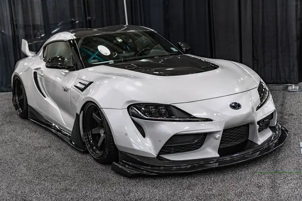 stock image New York City, USA - March 27, 2024: Toyota GR Supra sportscar vehicle at New York International Auto Show, corner view.