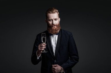 Kutlama ve tezahürat. Şık smokinli adam siyah üzerine izole edilmiş şampanya bardağı tutuyor. Başarıyı kutluyoruz. - Şerefe. Resmi görünüşlü sakallı adam. Şampanyayla kutlayın. Smokin ceketi..