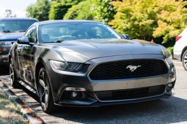 Seattle, WA, ABD - 3 Temmuz 2024 Ford Mustang Grey V6. Ford Mustang klasik Amerikan kaslı arabasıdır.