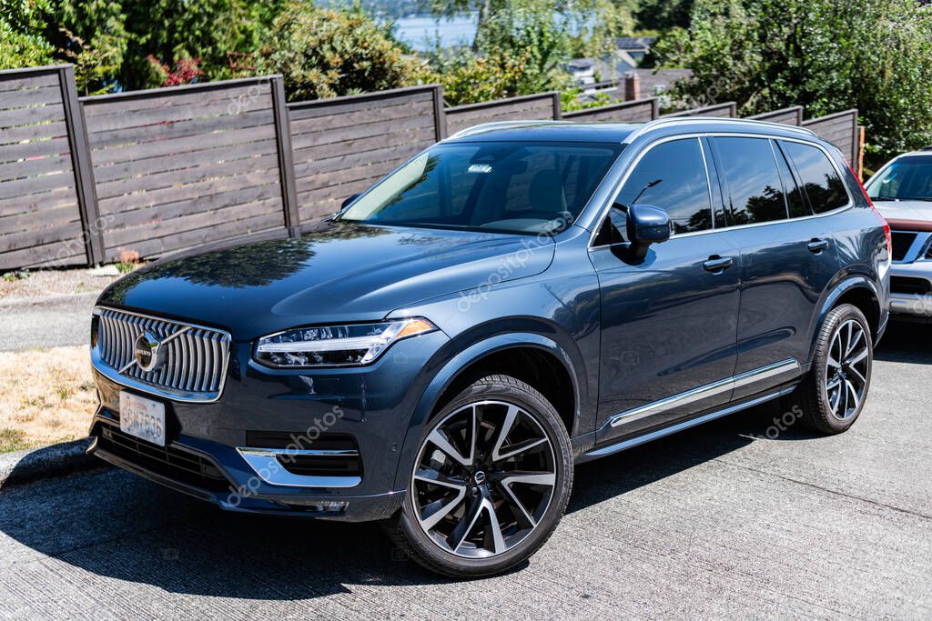 Seattle, WA, USA -July 3, 2024: Volvo xc90 dark blue. Volvo XC90 is a mid-size luxury crossover SUV manufactured and marketed by Volvo Cars.