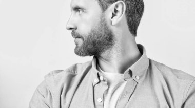 Sakallı sakallı adamın profil fotoğrafı. Sakallı, sıradan tişörtlü bir adam. Gri arka planda sakallı bir adam. Stüdyoda sakallı bir adam..