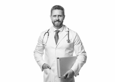 cheerful physician with folder. physician isolated on white. physician hold medical record.