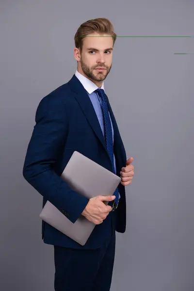 stock image Businessman with laptop. Business man working online. Business success. Caucasian businessman isolated on grey. Data analysis. Digital entrepreneur work on e-commerce startup. Agile business.