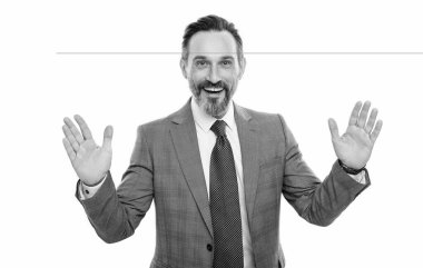 Başarılı bir patron jesti. Başarılı bir iş. İşletme yöneticisi. Stüdyoda profesyonel iş adamı. İş başarısı. Takım elbiseli bir işletmeci beyazdan izole edilmiş. Olgun iş adamı.