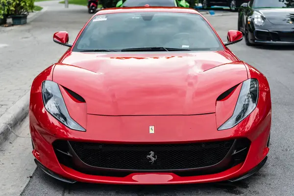 stock image Miami Beach, Florida USA - June 9, 2024: 2019 Ferrari Portofino 812 superfast red in Miami beach. Ferrari is luxury italian brand. front view