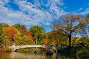 New York City, ABD - 25 Ekim 2023: sonbahar doğası. Gölde teknesi olan Central Park. Sonbahar manzarası. Central Park 'ta kürek çeken insanlar. Sonbahar ağaçlı Central Park. Ekim zamanı.