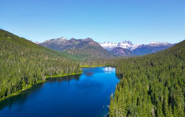 Doğa manzarası. Washington 'daki Cooper Gölü. Cooper Gölü 'nün popüler doğa yürüyüşü. Cooper gölü ve dağ manzarası. Cooper Gölü 'nün dağ ve orman manzarası. Resimli manzara..
