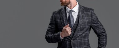 Formalite icra kurulu başkanı gri arkaplanda fotokopi alanı ile izole edildi. Stüdyoda resmi kıyafet giyen bir CEO. CEO 'nun resmi kıyafet giydiği fotoğraf. Formalite icabı giyinmiş CEO..