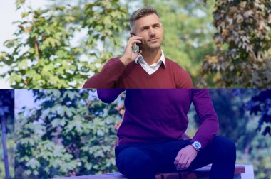 Olgun adam çağırıyor. Adam telefonda konuşuyor. Telefon var. Mobil bağlantı. Akıllı telefonlu bir iş adamı. İş iletişimi. Modern iletişim. Adam dışarıda telefonla konuşuyor. İş adamını arıyorum..