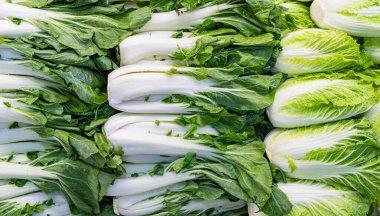 Bok choy arka planı. Yiyecek pazarında sebze sebzesi. Organik yiyecekler. Organik sebze bok choy. Organik Bok Choy 'un arka planı. Eko sebze. Çin ve Pekinensis lahanası.