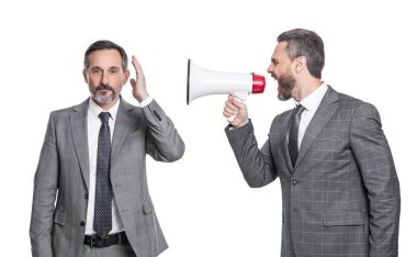 two businessmen ignore shouting loud in megaphone. businessmen ignore shouting in megaphone isolated on white. businessmen ignore shouting in megaphone at studio. businessmen ignore shouting