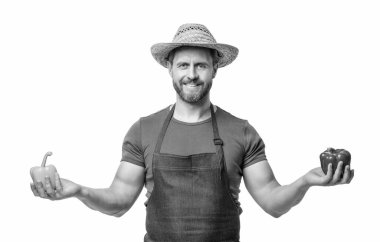 Önlüklü ve şapkalı manav, beyaz üzerine izole edilmiş tatlı biberli sebze..