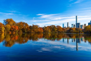 Sonbahar ağacını ve göleti New York 'a park et. Manzaralı düşüş. Sonbaharda Central Park 'ta. Göletli sonbahar manzarası. Sonbahar doğa manzarası. Central Park 'ta sonbahar doğası. Mevsimlik sonbahar resimli manzarası.