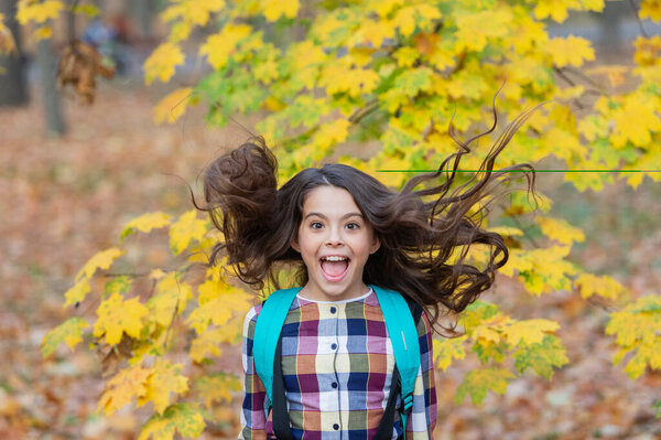 School education. Student life. Back to school. Autumn girl with school bag. Education for adolescence. Teen girl in autumn outdoor. Autumn time to study. Knowledge and education. Happiness and fun.