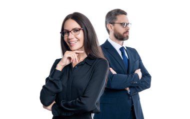 İş dünyasında resmi kıyafet işinde başarılı iş adamları birlikte çalışıyor. Beyazlar üzerinde izole edilmiş başarı ve destek arıyorlar..