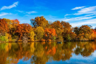 Sonbahar doğası. Central Park 'ta küçük bir gölde kayık. Sonbaharda Central Park Gölü 'nde insanların kürek çektiği bir yer. Central Park güneşli sonbahar gününde renk değiştiriyor. Sonbahar manzarası. Romantik kayık gezileri.