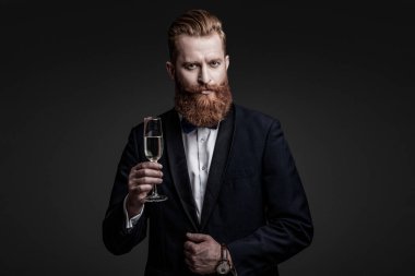 Başarıyı kutluyoruz. - Şerefe. Resmi görünüşlü sakallı adam. Şampanyayla kutlayın. Kutlama ve tezahürat. Şık smokinli adam siyah üzerine izole edilmiş şampanya bardağı tutuyor. Düğün günü..