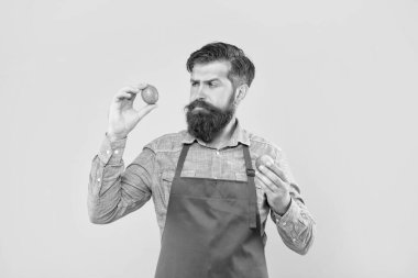 Serious man in apron looking at fresh limes citrus fruits yellow background, greengrocer.