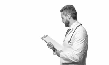 Reçeteli beyaz reçeteli bir dahiliyeci. Stüdyoda reçeteli dahiliyeci. Reçeteli dahiliyeci. Reçeteli dahiliyecinin fotoğrafı..