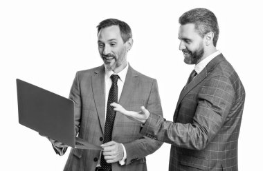 İşadamları e-postayı kontrol ediyor. İşadamları merkez büroda serbest çalışıyor. İş çevrimiçi. Dizüstü bilgisayarda çalışan serbest çalışan adamlar. Dizüstü bilgisayarı olan iş adamları beyazda izole edilmiş. Uzaktan kumanda. Uzak toplantı.