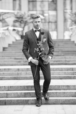 Smokinli romantik adam. Smokin giymiş, papyonlu bir adam. Kırmızı güllü yakışıklı smokinli adam..