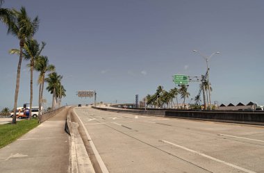 Palmiyeler ve mavi gökyüzü ile boş köprü yolu.