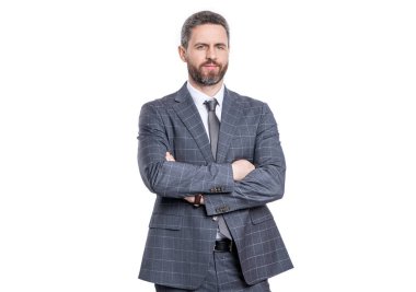 Takım elbiseli başarılı bir CEO. Kendine güvenen bir girişimci. İş liderliği. Profesyonel İspanyol CEO başarısını ifade ediyor. İşadamı beyazdan izole edilmiş. İş başarısı. Büyük patron olmak..