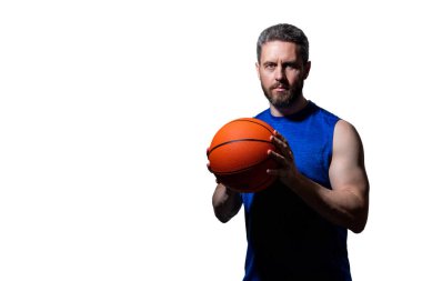 Muscular man has sport motivation. Sport and hobby. Basketball player man play professional. Man with basketball ball on court. Professional basketball player training isolated white. Coach tactics. clipart