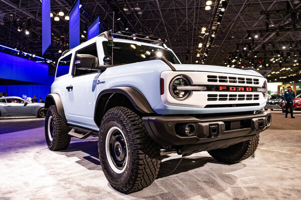 New York City, USA - March 27, 2024: 2024 Ford Bronco Heritage Limited Edition SUV car at New York International Auto Show, corner view.