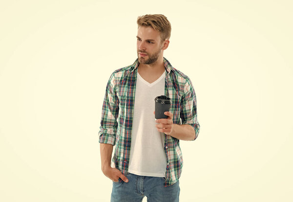 casual caucasian man with coffee on background. caucasian man with coffee in studio. photo of caucasian man with coffee. caucasian man with coffee isolated on white.