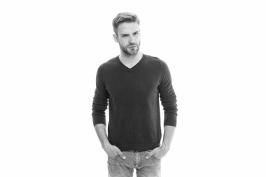 Stüdyoda sakallı beyaz bir adam. Arka planda sakalı olan adam. Sakallı saçlı adamın fotoğrafı. Kirli sakallı adam beyazda tek başına..