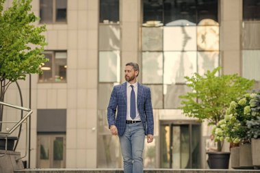 Profesyonel patron resmi kıyafetler içinde yürüyor. Yetişkin patron dışarıda. Ceketli patron. Kafkasyalı patron dışarıda yürüyor..