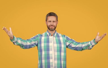 Sarı arka planda izole edilmiş, günlük gömlekli, sakallı beyaz adam. Stüdyoda sıradan bir beyaz adam. Beyaz adamın kareli gömlek giydiği fotoğraf. Sıradan giyinen beyaz bir adam..