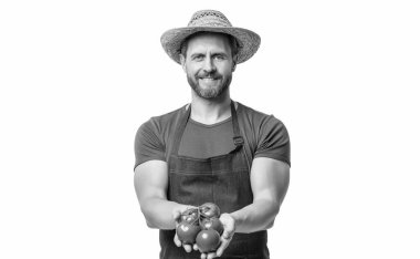 Önlüklü hasatçı ve beyaz tenli domates sebzeli şapka..