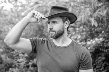 caucasian cowboy wearing hat. caucasian cowboy in hat. macho man cowboy.