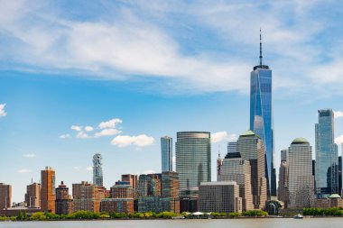 New York finans bölgesi manzarası Paulus Kanca İskelesi Jersey City, New Jersey 'de. New York, ABD. Manhattan, New York, New York, New York, Skyline. Aşağı Manhattan ve Yeni Dünya Ticaret Merkezi