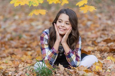 Sonbahar üniformalı kız güz yapraklarıyla dışarıda oturuyor. Okul tatilinde şık bir genç kız. Okula dönelim. Sonbahar yaprakları. Sonbahar parkındaki kız üniforması giyiyor. Gençler için sonbahar üniforması. Öğrenci hayatı.