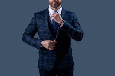 Resmi kıyafetli, şık takım elbiseli, gri, kırpık manzaralı bir adam..