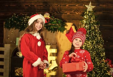 Çocukların küçük neşeli kızları hediye kutusunu tutarlar. Kardeşlik ve aile. Boks günü. Çocuklar aile için hediye topluyor. Küçük kızlar bayram hediyesi hazırlıyorlar. Hediyeler alınıyor. Kız kardeşime Noel hediyesi..